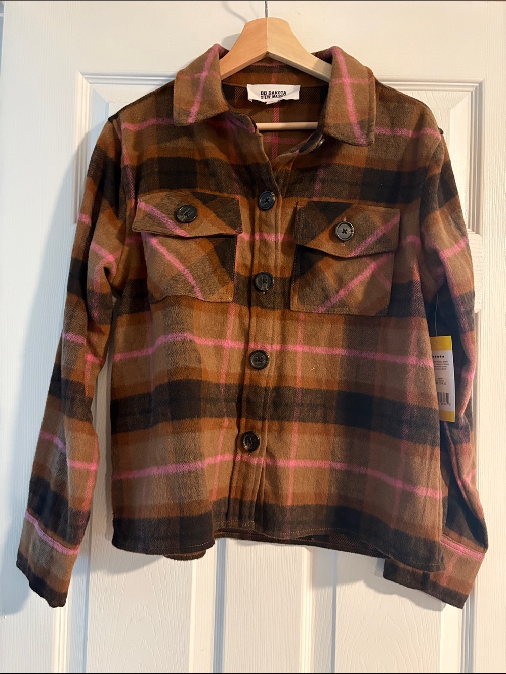 BB Dakota Brown Plaid Jacket with Pink Stripes
Size: Medium